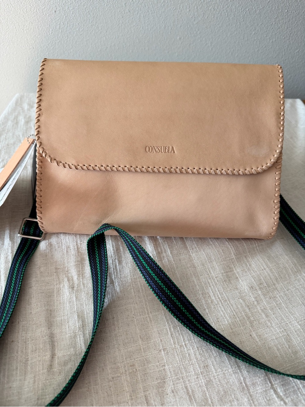 Consuela Around Town Natural Leather Crossbody Bag with Green-Trim Strap